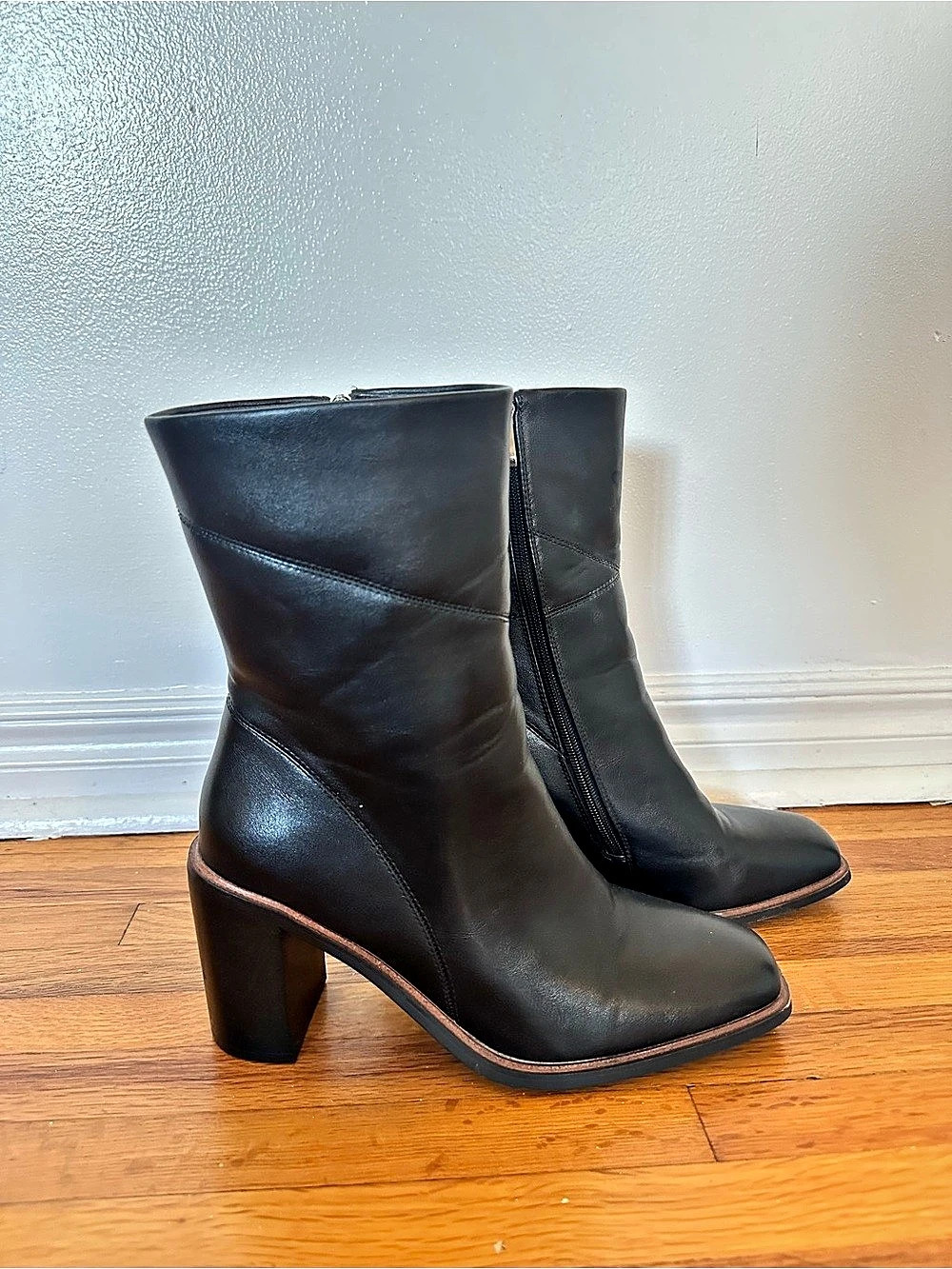 Black Leather Square Toe Mid-Calf Boots Chunky Block Heel Y2K 90s size 8